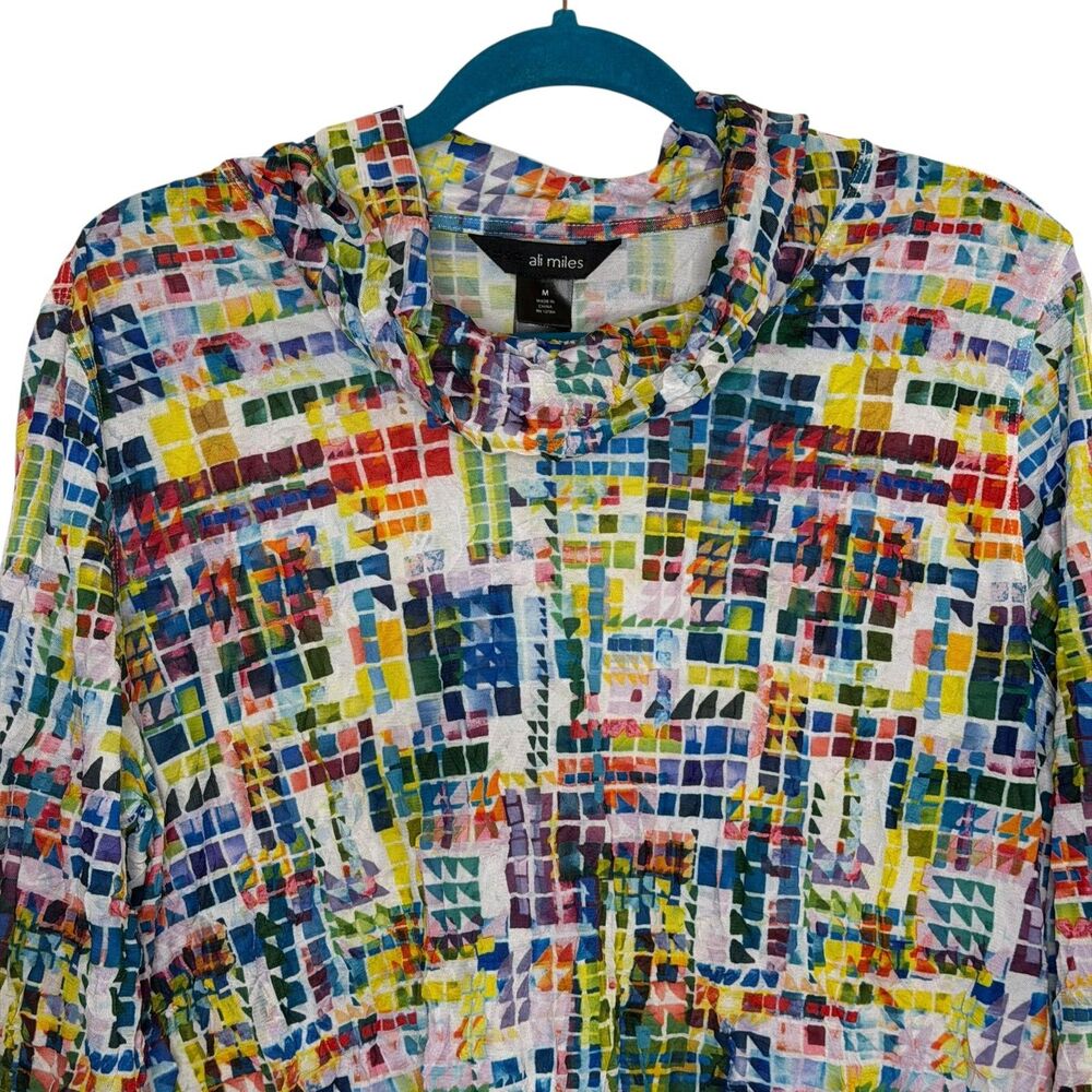 Ali Miles Mesh Mock Cowl Neck Blouse Shirt Top Geometric M - Picture 2 of 8